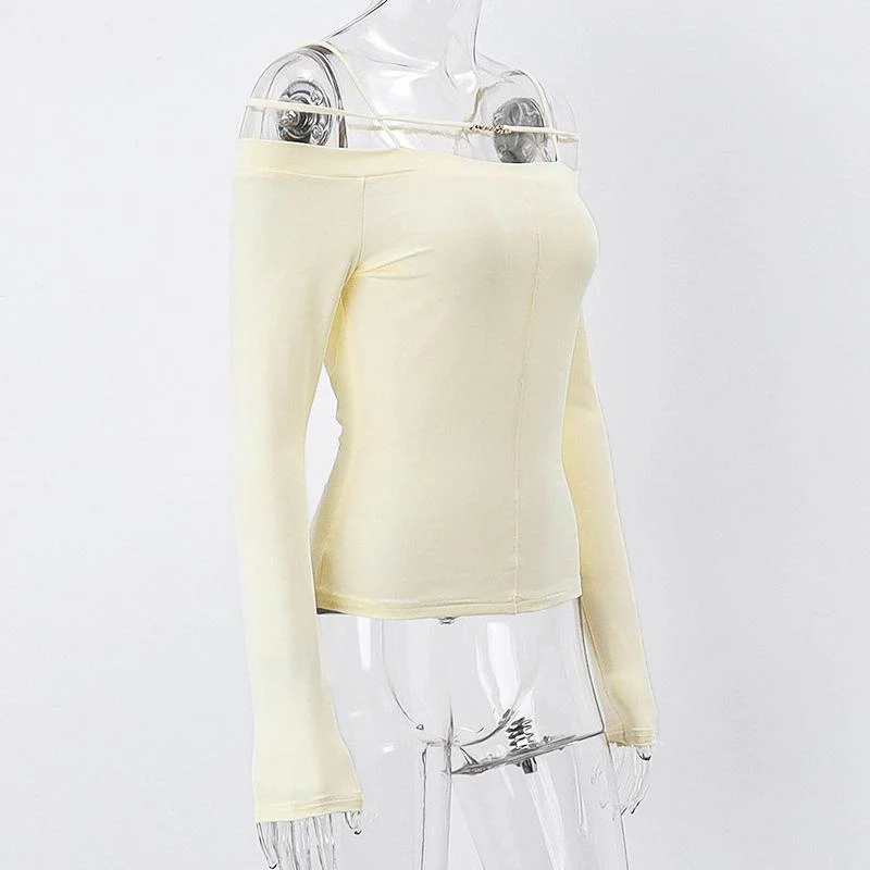 Long sleeve solid metal tag off shoulder top y2k 90s Revival Techno Fashion - Image 3