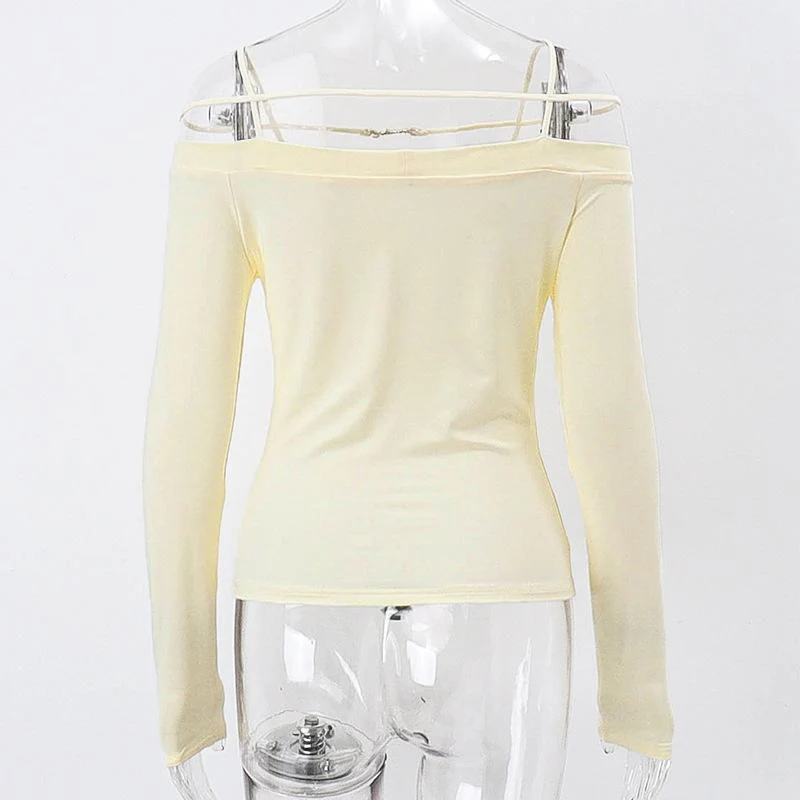 Long sleeve solid metal tag off shoulder top y2k 90s Revival Techno Fashion - Image 4