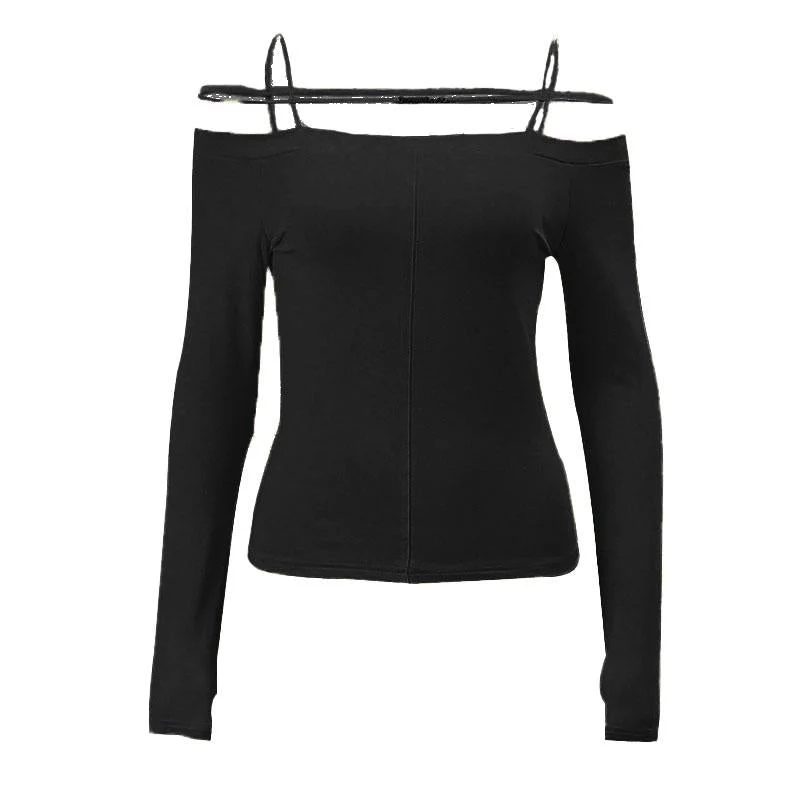 Long sleeve solid metal tag off shoulder top y2k 90s Revival Techno Fashion - Image 8