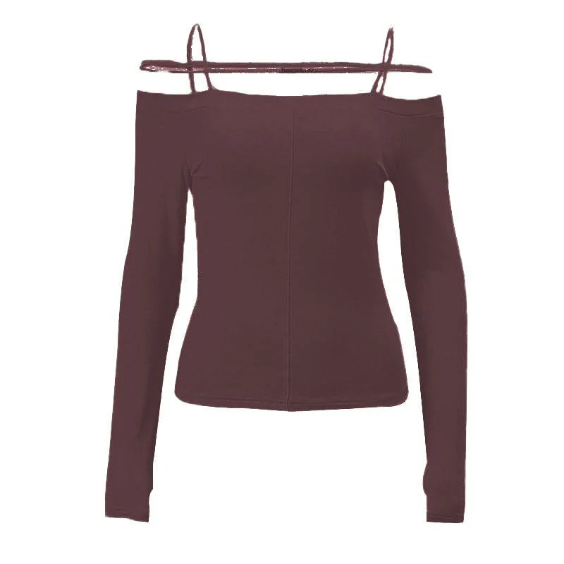 Long sleeve solid metal tag off shoulder top y2k 90s Revival Techno Fashion - Image 9