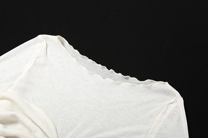 Long sleeve solid ruched crewneck ruffle crop top y2k 90s Revival Techno Fashion - Image 5