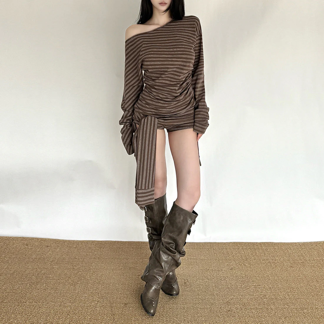 Long sleeve striped one shoulder ruched top