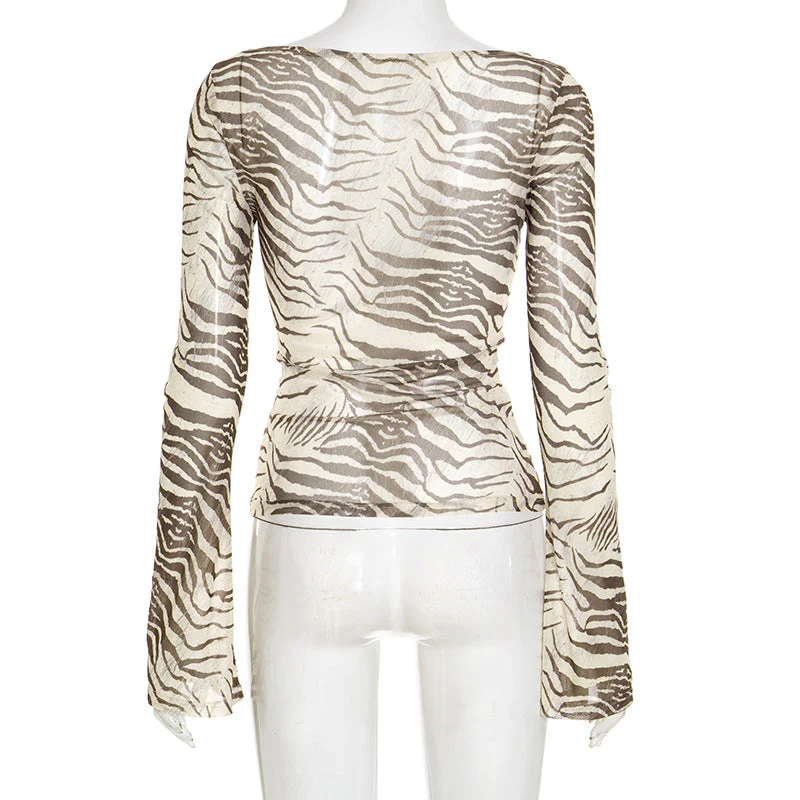 Long sleeve striped print mesh top - Image 4