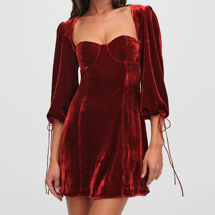 Long sleeve sweetheart neck velvet hollow out mini dress - Image 2