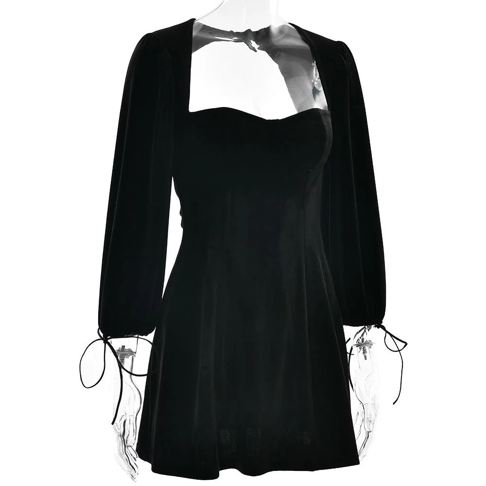 Long sleeve sweetheart neck velvet hollow out mini dress - Image 3