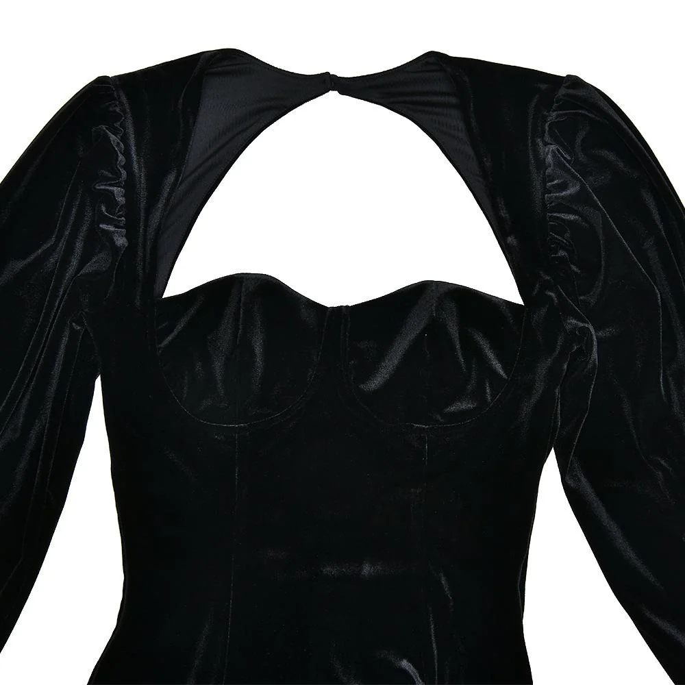Long sleeve sweetheart neck velvet hollow out mini dress - Image 5