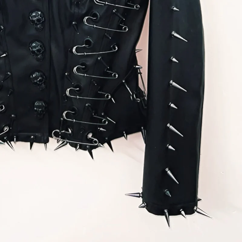 Long sleeve turnover collar PU leather skull applique top - Image 3
