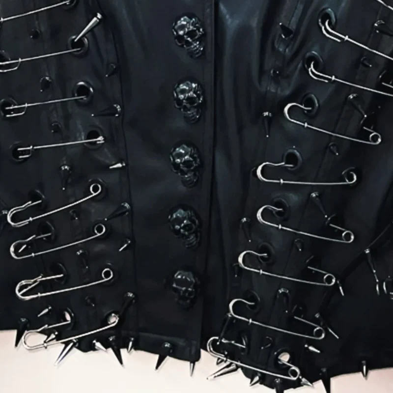 Long sleeve turnover collar PU leather skull applique top - Image 4