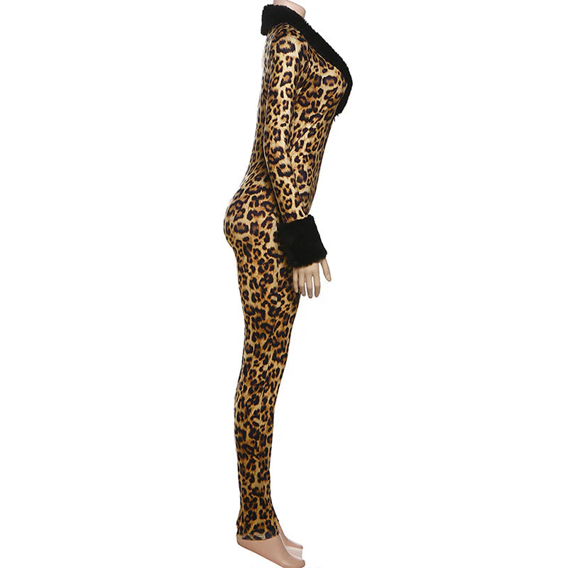 Long sleeve v neck leopard print fluffy jumpsuit - Image 3