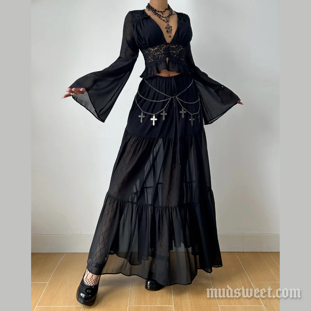 Long sleeve v neck button chiffon lace maxi skirt set