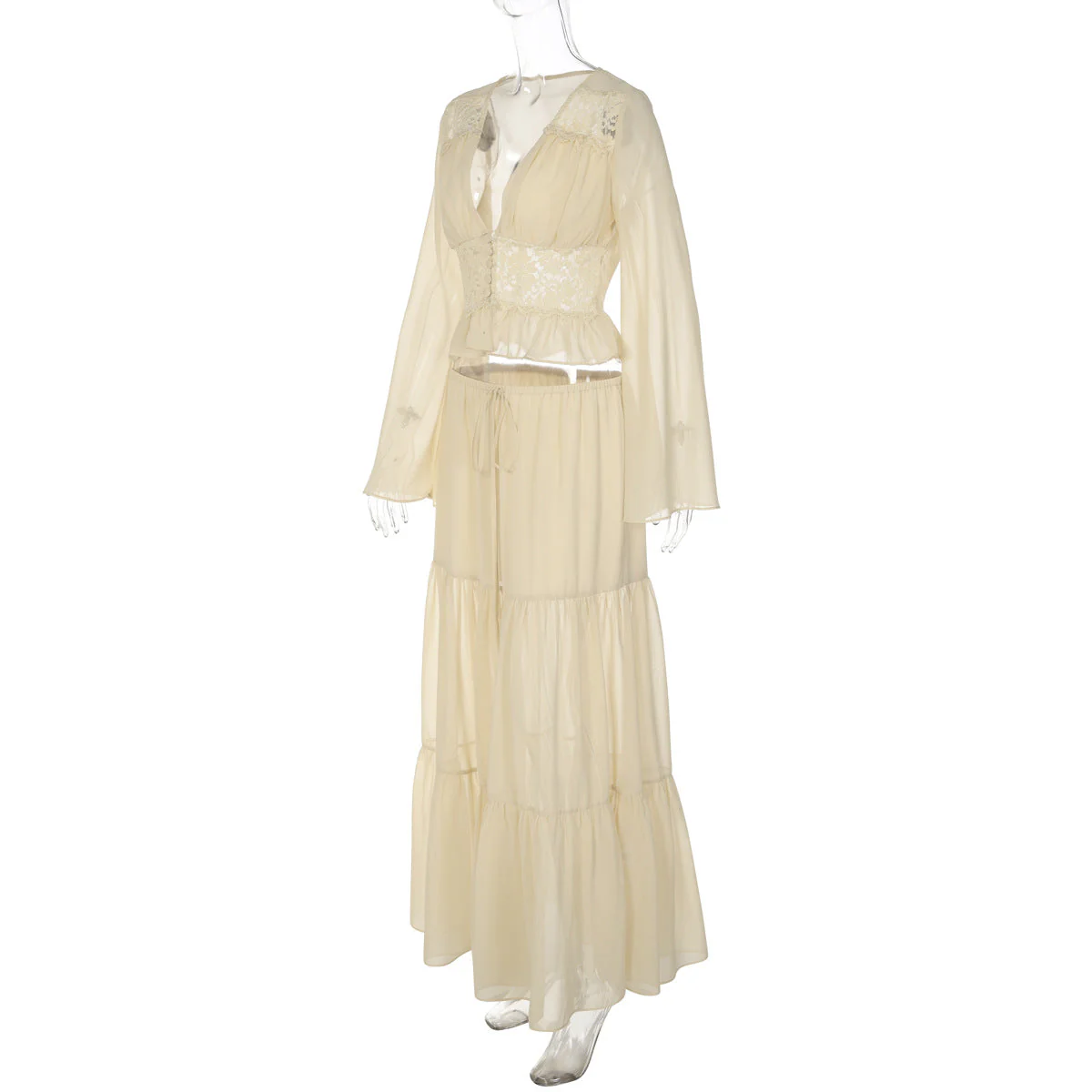 Long sleeve v neck button chiffon lace maxi skirt set - Image 6