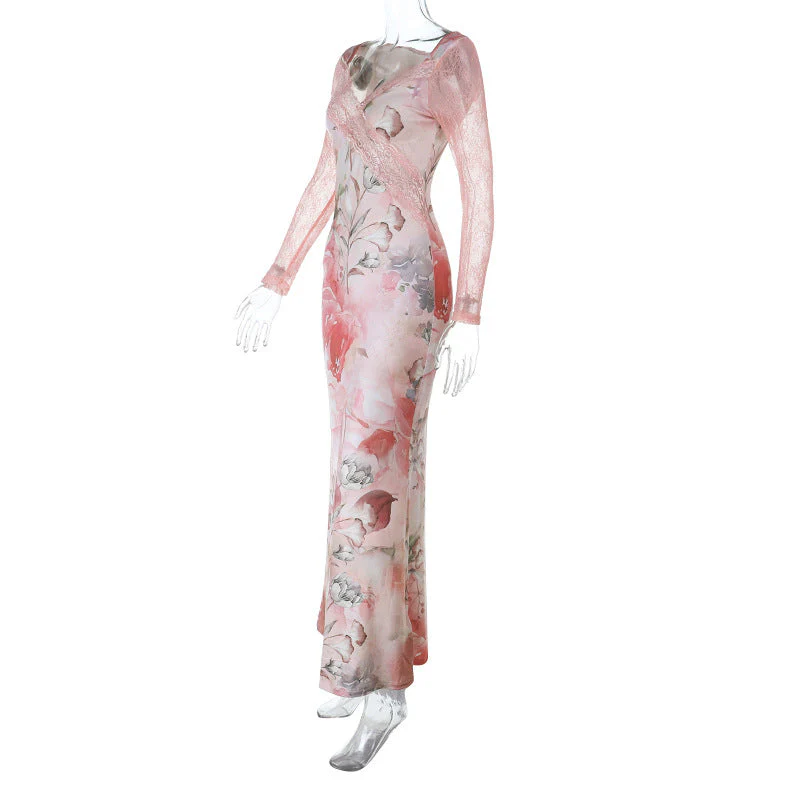 Long sleeve v neck lace hem flower print maxi dress - Image 2