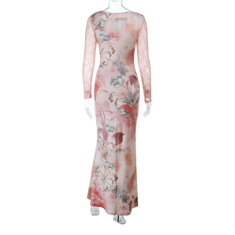 Long sleeve v neck lace hem flower print maxi dress - Image 4