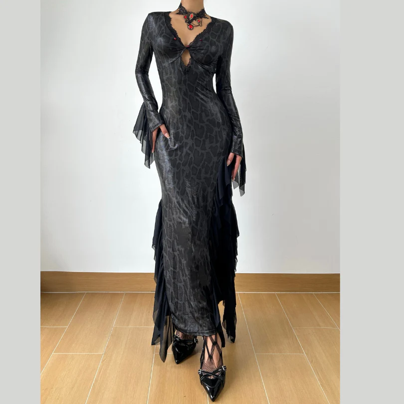 Long sleeve v neck lace hem snakeskin print maxi dress - Image 2