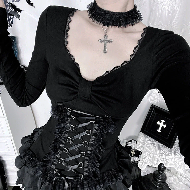 Long sleeve v neck lace hem top - Image 4