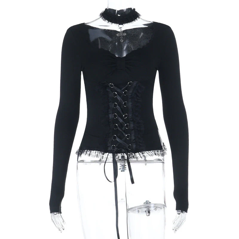 Long sleeve v neck lace hem top - Image 9