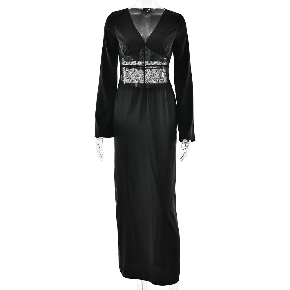 Long sleeve v neck lace satin zip-up maxi dress - Image 3