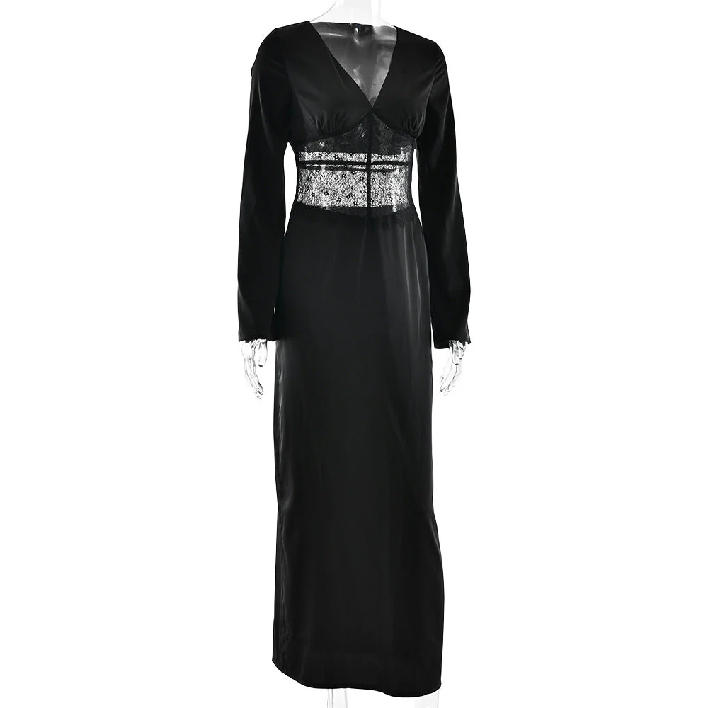 Long sleeve v neck lace satin zip-up maxi dress - Image 4
