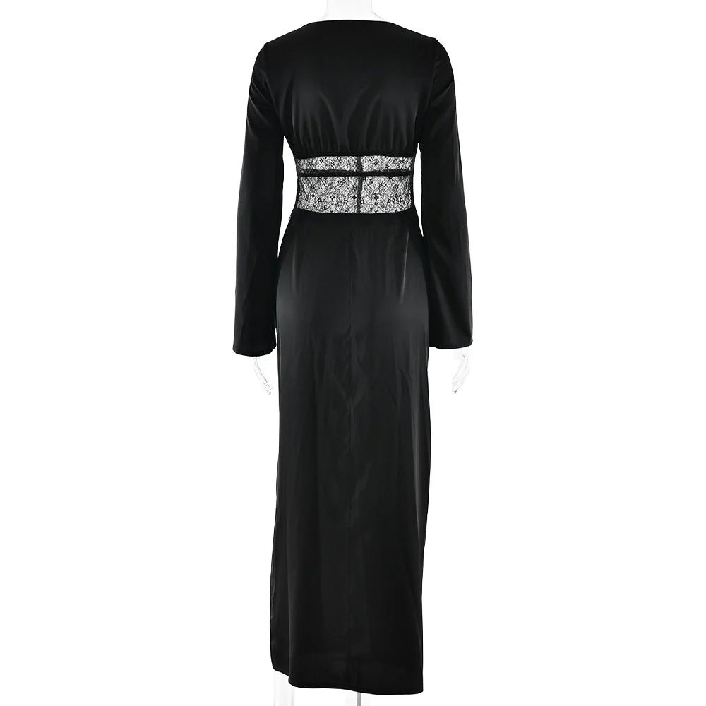 Long sleeve v neck lace satin zip-up maxi dress - Image 5