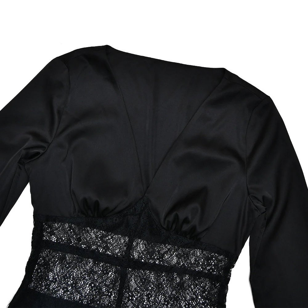 Long sleeve v neck lace satin zip-up maxi dress - Image 6