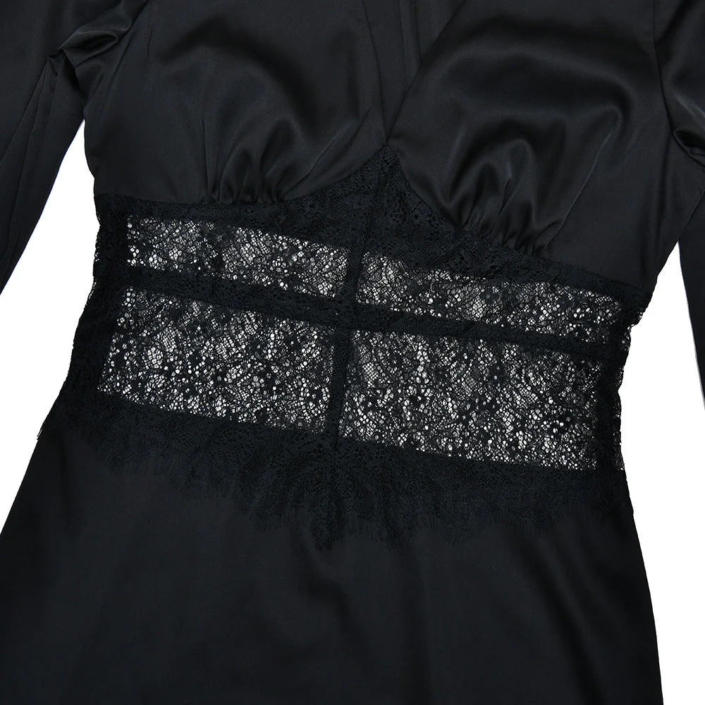 Long sleeve v neck lace satin zip-up maxi dress - Image 7