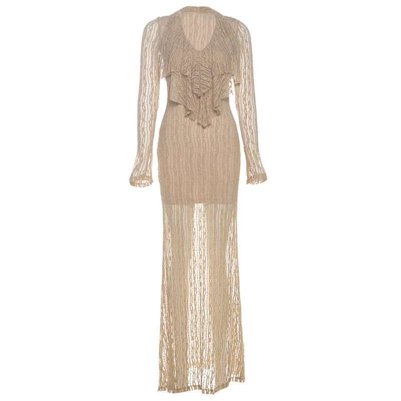 Long sleeve v neck lace solid maxi dress - Image 2