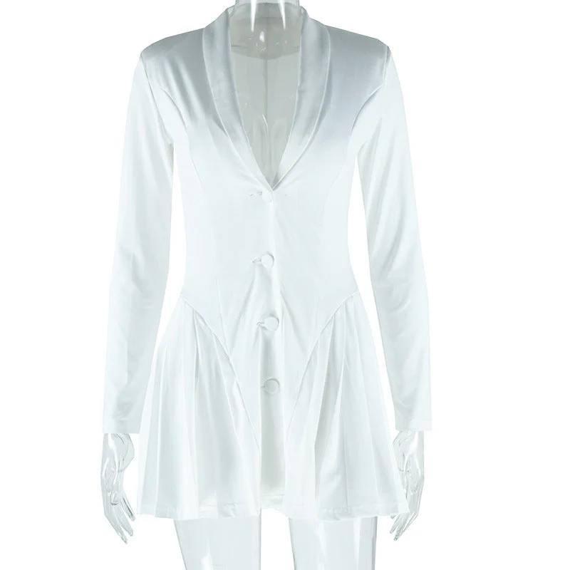Long sleeve v neck pleated button padded mini dress - Image 3
