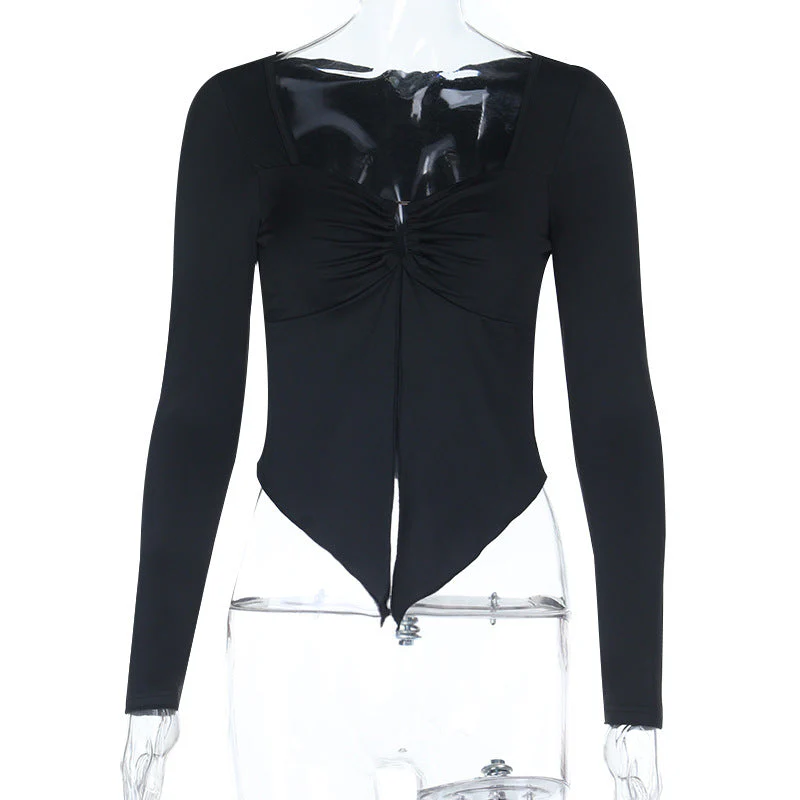 Long sleeve v neck ruched hollow out top - Image 2