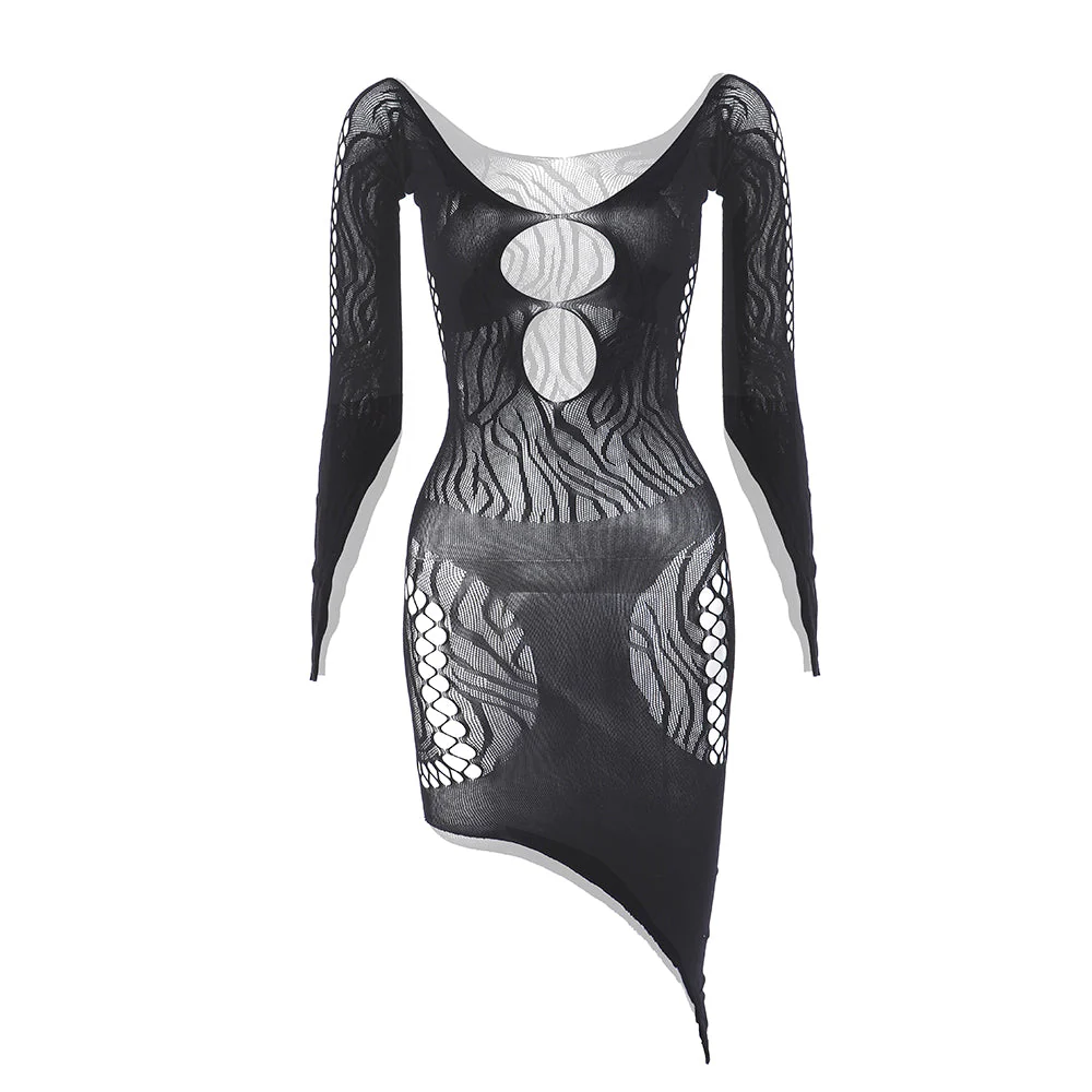 Long sleeve zebra hollow out mesh mini dress - Image 32