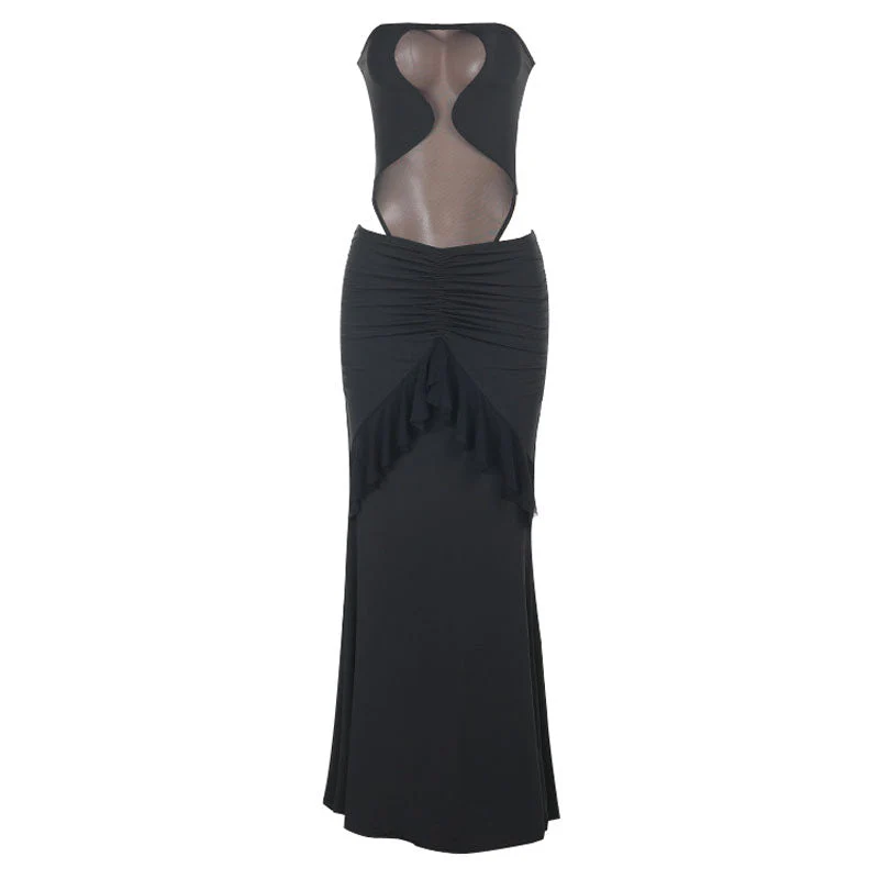 Mesh button ruched ruffle tube skirt set