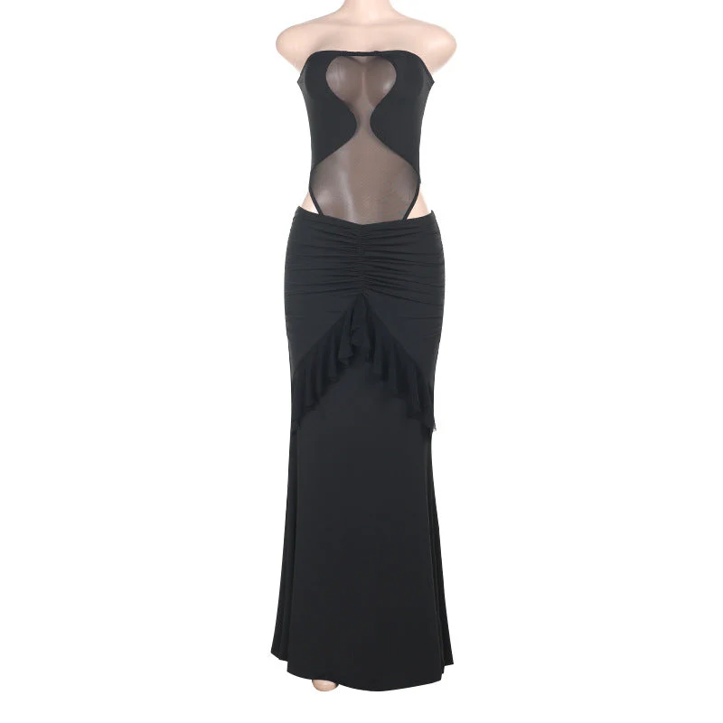 Mesh button ruched ruffle tube skirt set - Image 2