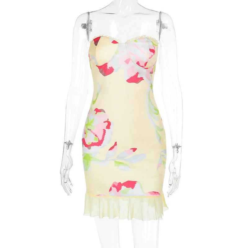 Mesh flower print sweetheart neck tube mini dress - Image 2