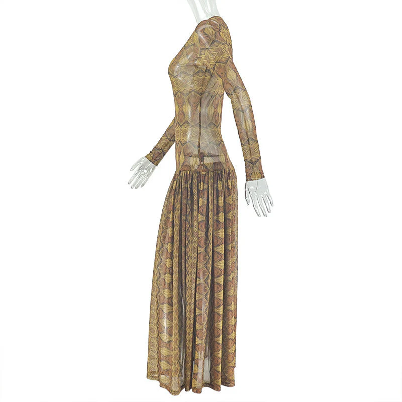 Mesh long sleeve crewneck print maxi dress - Image 3