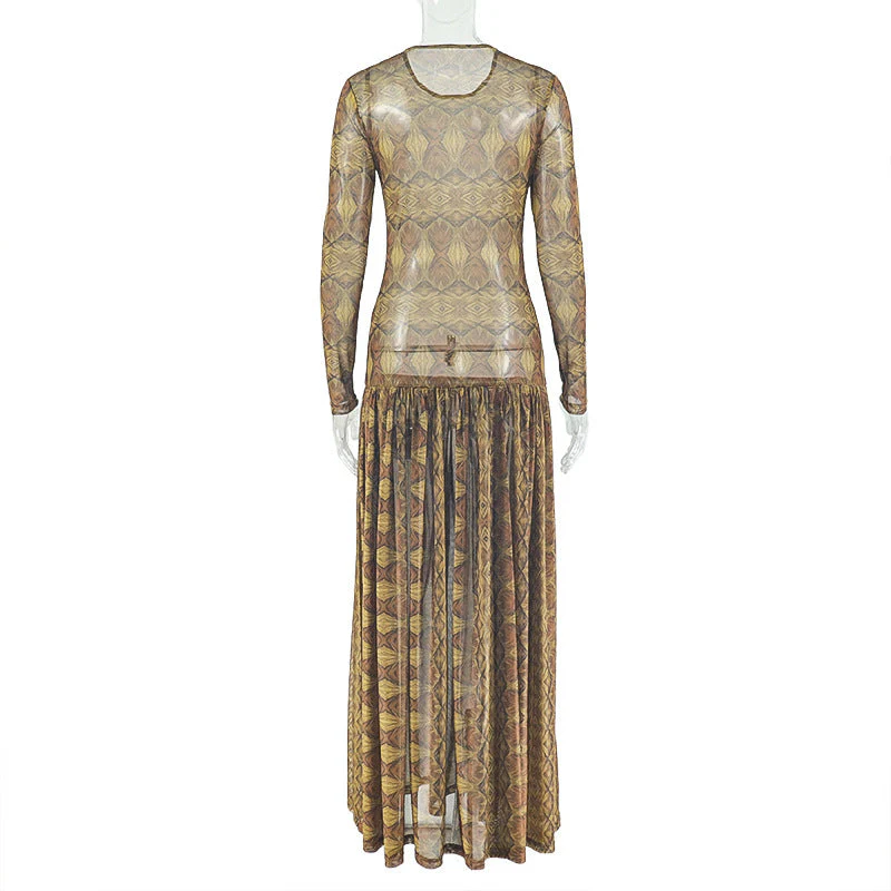 Mesh long sleeve crewneck print maxi dress - Image 4