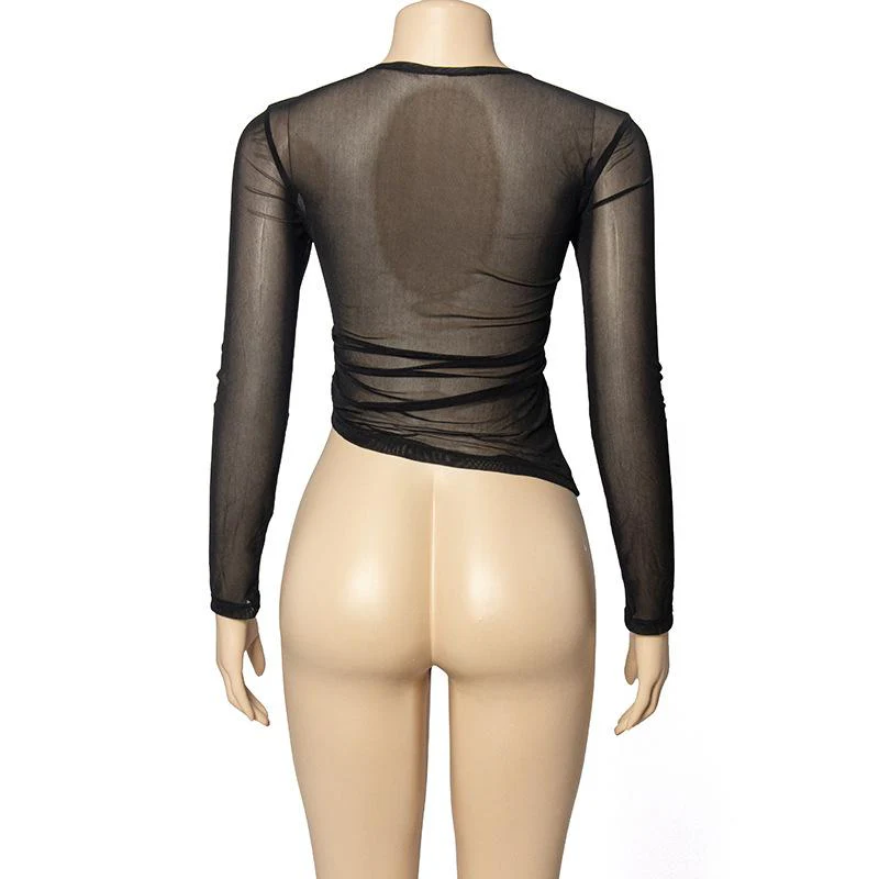 Mesh palm patchwork long sleeve crewneck top - Image 4