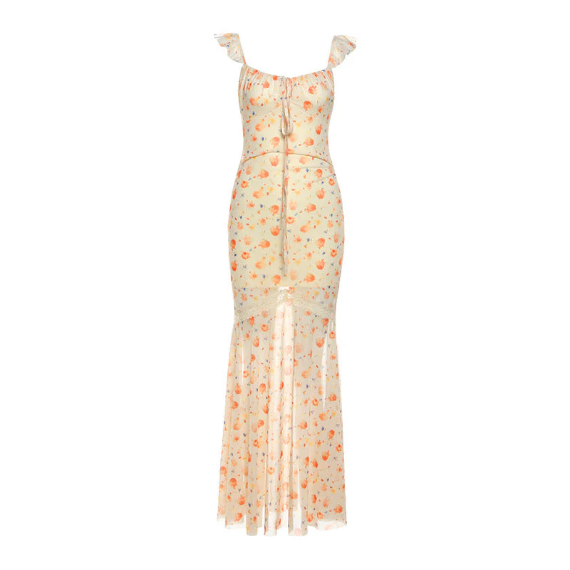 Mesh print ruched self tie lace hem maxi dress - Image 2