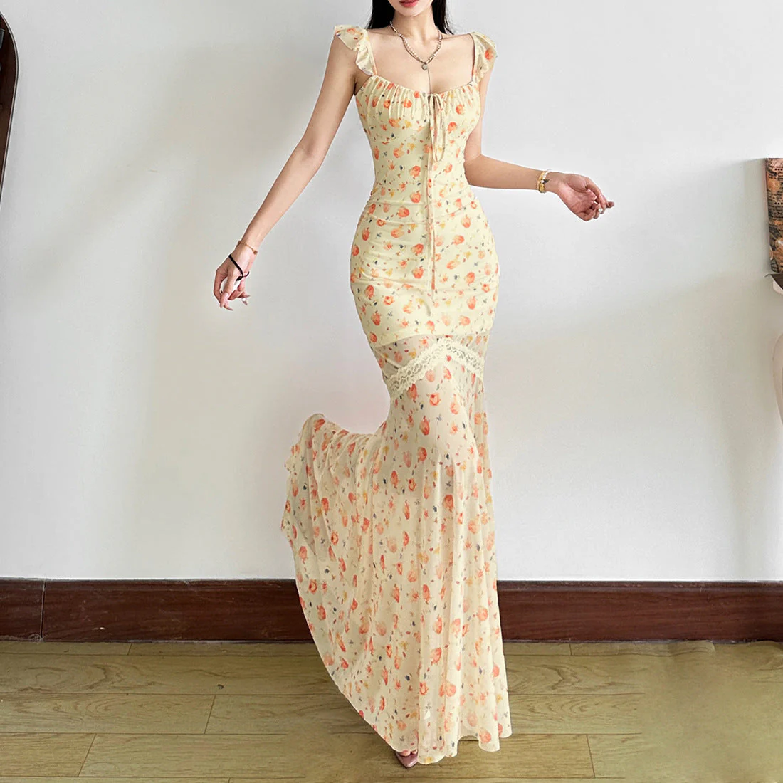 Mesh print ruched self tie lace hem maxi dress - Image 3