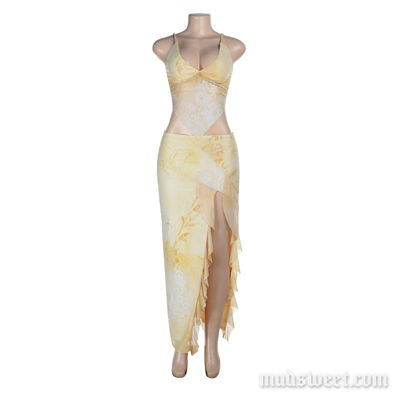 Mesh print v neck slit cami maxi skirt set - Image 2