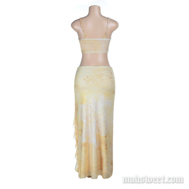 Mesh print v neck slit cami maxi skirt set - Image 4