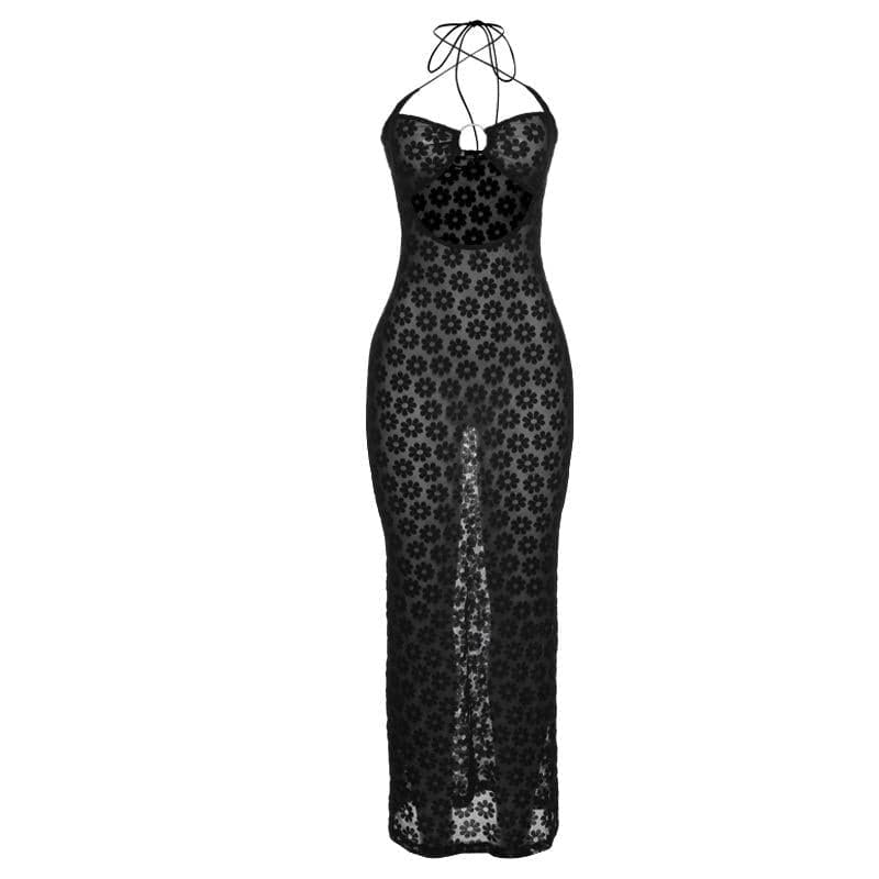 Mesh see through floral embroidery O ring hollow out halter maxi dress - Image 4