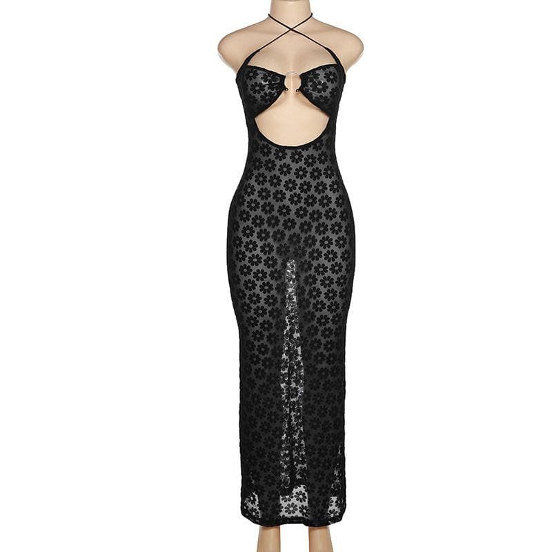 Mesh see through floral embroidery O ring hollow out halter maxi dress - Image 5