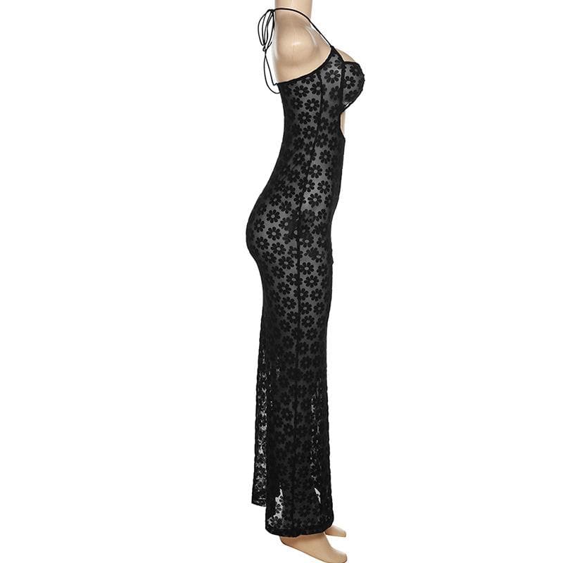 Mesh see through floral embroidery O ring hollow out halter maxi dress - Image 6