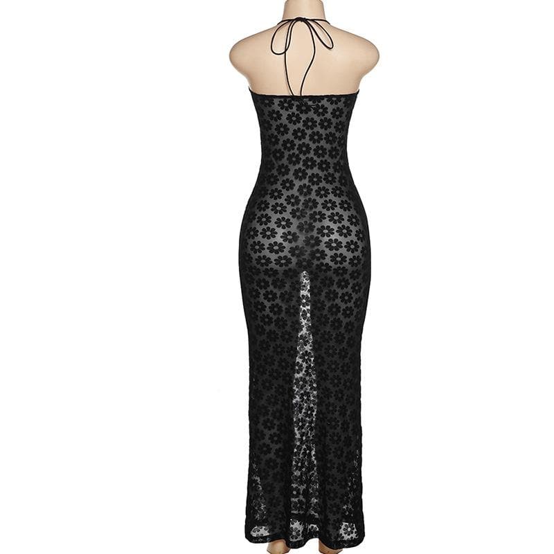 Mesh see through floral embroidery O ring hollow out halter maxi dress - Image 7