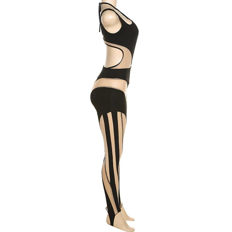 Mesh solid sleeveless halter self tie backless hollow out jumpsuit - Image 3