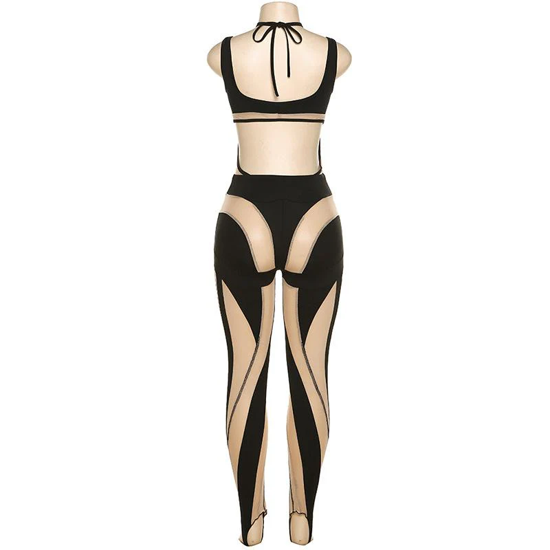 Mesh solid sleeveless halter self tie backless hollow out jumpsuit - Image 4