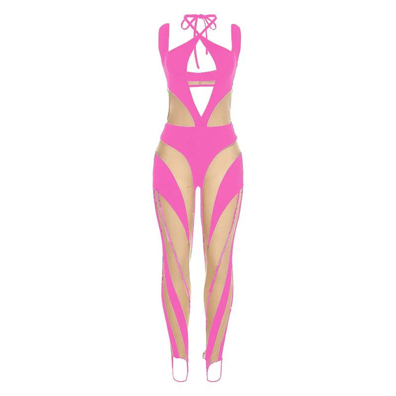 Mesh solid sleeveless halter self tie backless hollow out jumpsuit - Image 8