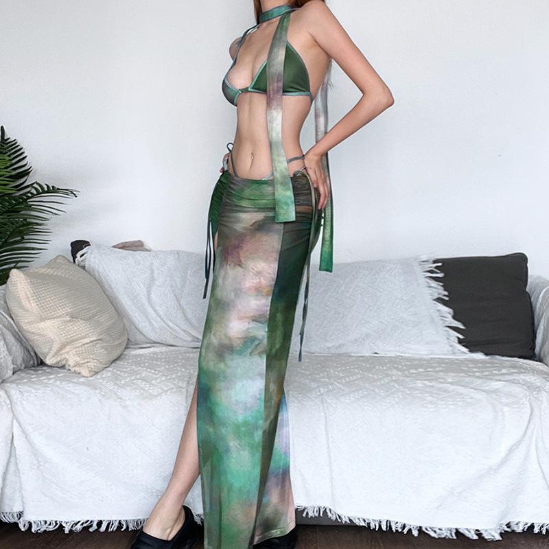 Mesh tie dye halter self tie backless ruched slit maxi skirt set - Image 6