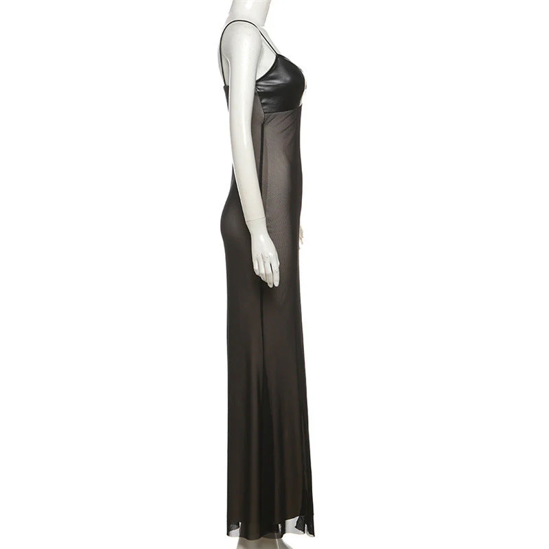 Mesh v neck PU leather spaghetti strap maxi dress - Image 3