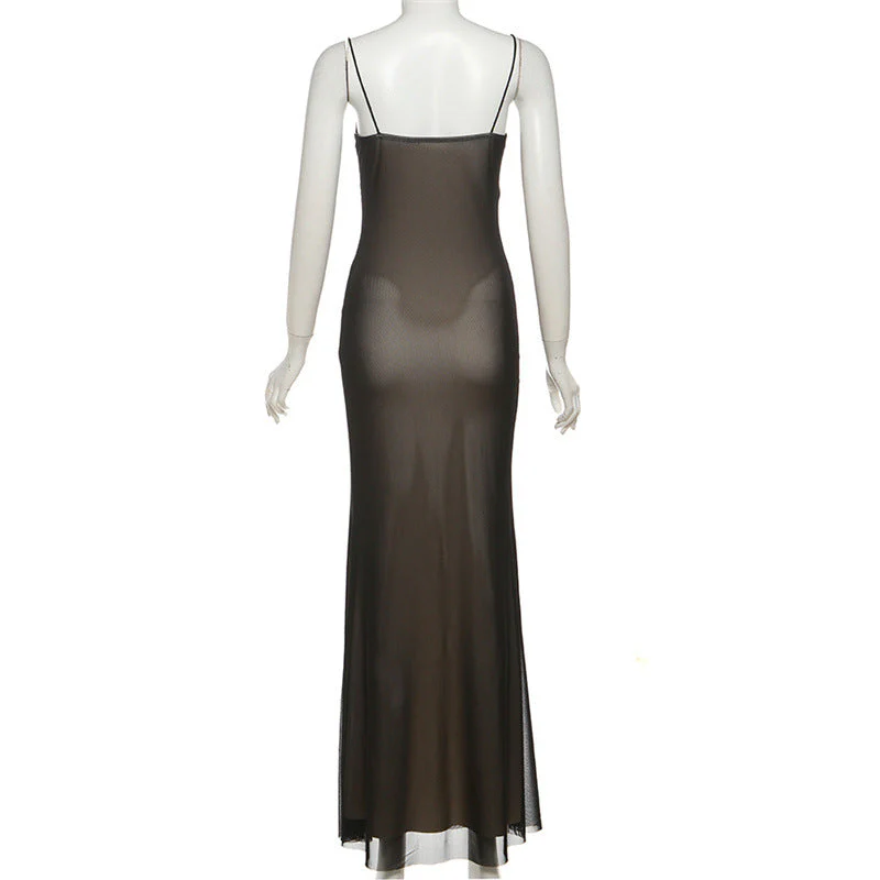Mesh v neck PU leather spaghetti strap maxi dress - Image 4