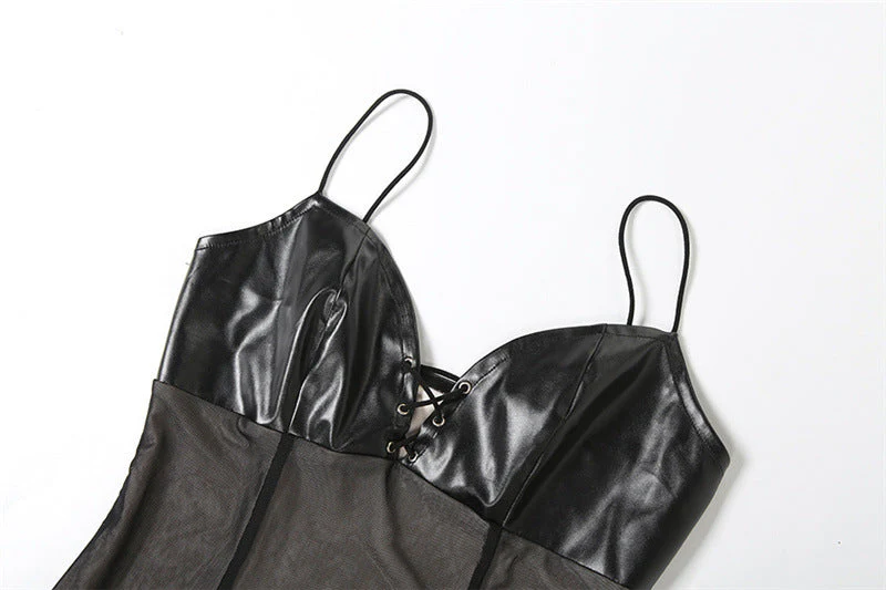 Mesh v neck PU leather spaghetti strap maxi dress - Image 5
